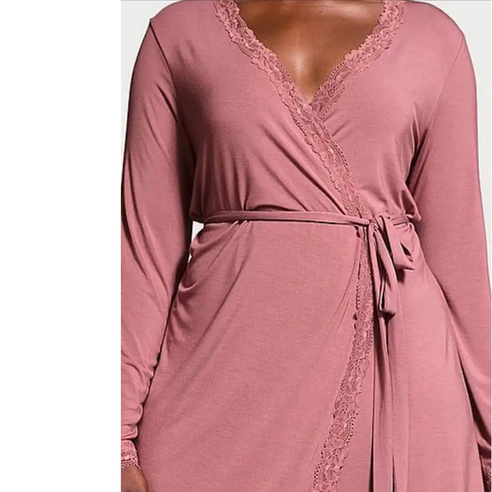 Victoria's Secret Modal Lace Trim Robe Mauve Pink Long Sleeve M/L 11237022